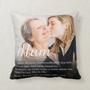 Coussin Citation de définition de maman en écriture élégan