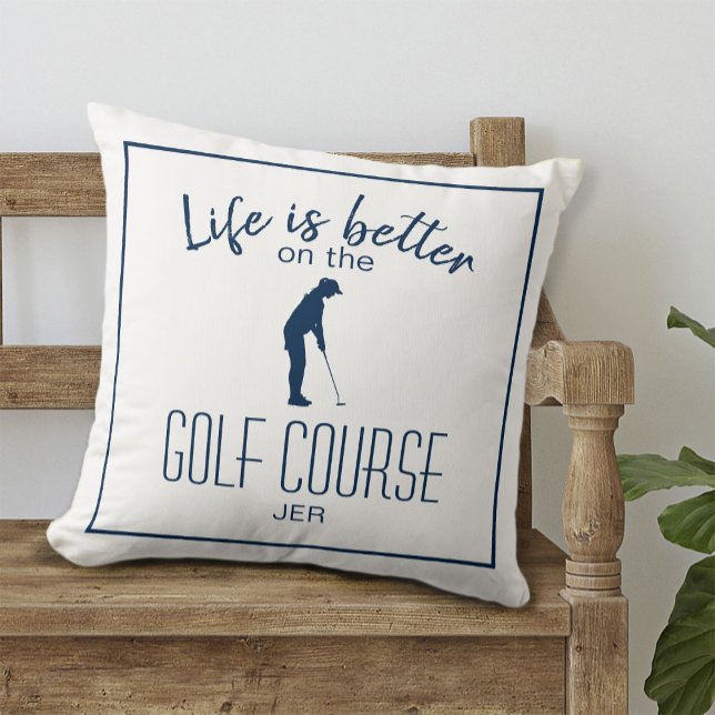 Coussin Citation de Golfeur Monogrammée Blanc & Bleu (Golfer Sports Quote Monogrammed White & Blue Throw Pillow)