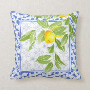 Coussin Citron d'été sur Azulejo bleu et blanc portugais