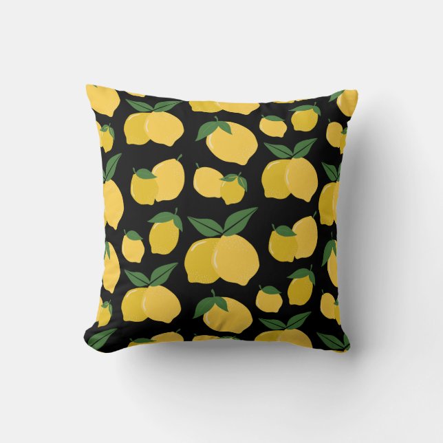 Coussin Citron Motif Fruit Rétro Jaune sur Noir (Recto)
