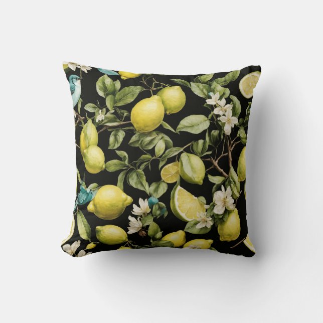 Coussin Citron vert Noir : Motif d'agrumes sur le dos noir (Recto)