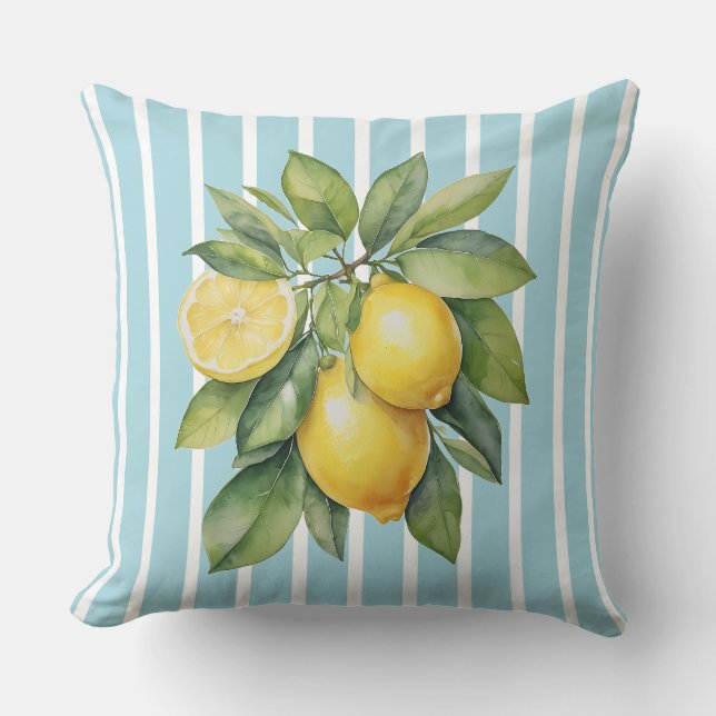 Coussin Citrons à l'aquarelle sur fond rayé bleu (Recto)