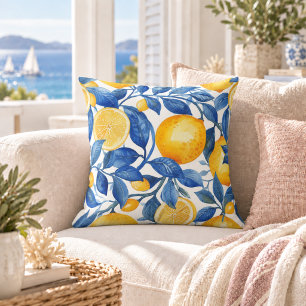Coussin Citrons Azulejo Chic Feuilles Bleues