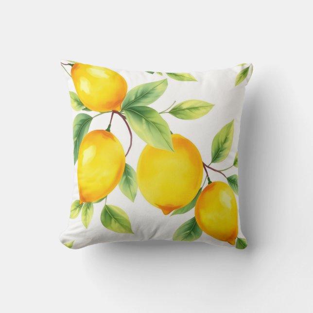 Coussin Citrons d'aquarelle avec Feuilles verts (Recto)