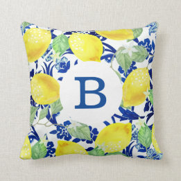 Coussin Citrons de pays et monogramme floral bleu de |