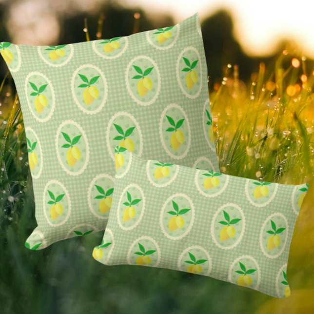Coussin Citrons ensoleillés rétro sur vichy vert (Vintage charm lemons and gingham!)