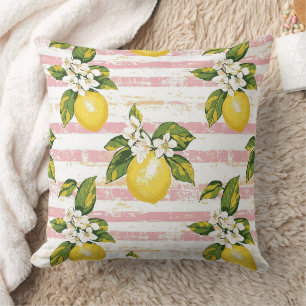 Coussin Citrons et fleurs vintages sur bandes rose et blan