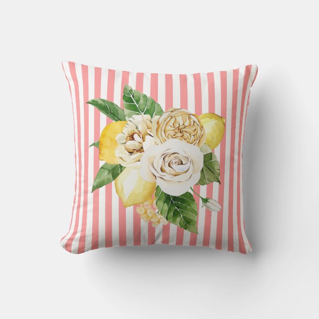 Coussin Citrons et roses sur bandes coralliennes (Recto)