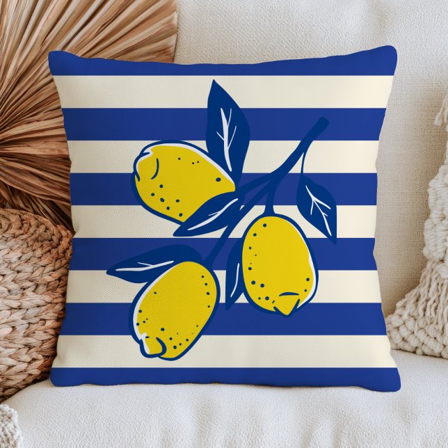 Coussin Citrons Fruit Citrique Rayures Bleues Méditerranée (Créateur téléchargé)