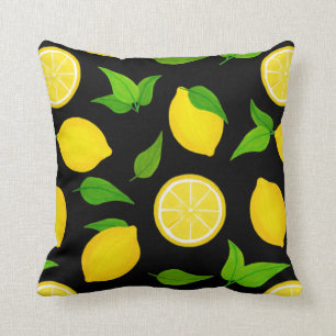 Coussin Citrons jaunes d'été Motif sur noir