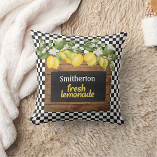 Coussin Citrons Lemonade Noir Blanc À damiers Nom bois