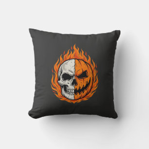 Coussin Citrouille à tête de crâne enflammé pour Halloween