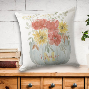 Coussin Citrouille aquarelle avec bouquet de feuillage d'a