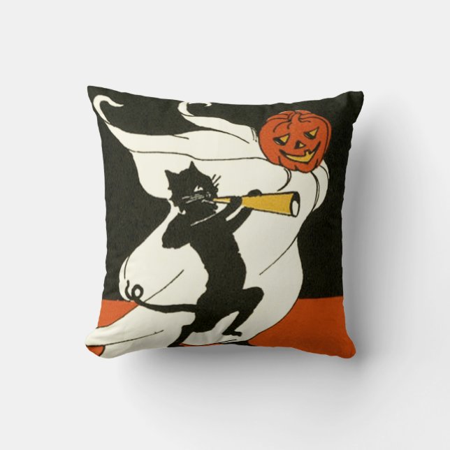 Coussin Citrouille Chat Noir Fantôme Corne (Recto)