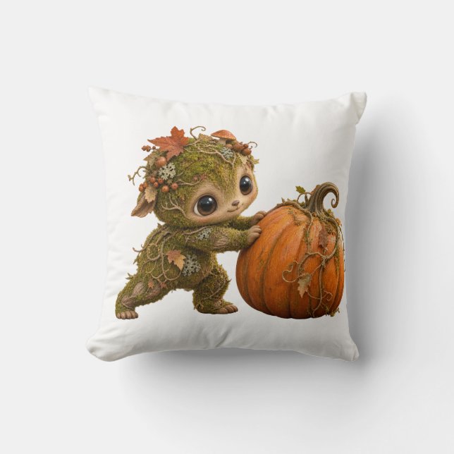 Coussin Citrouille de Lutin de Forêt Mignon (Recto)