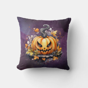 Coussin Citrouille d'Halloween aquarelle violette effrayan