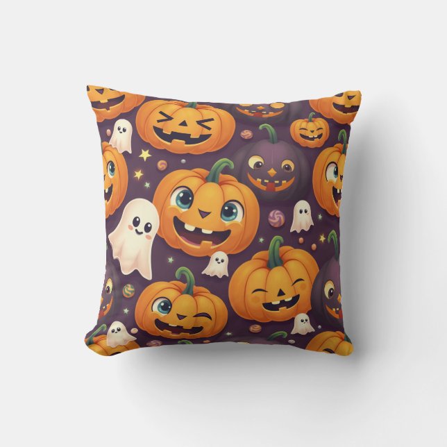 Coussin Citrouille d'Halloween et amis fantômes mignons (Recto)