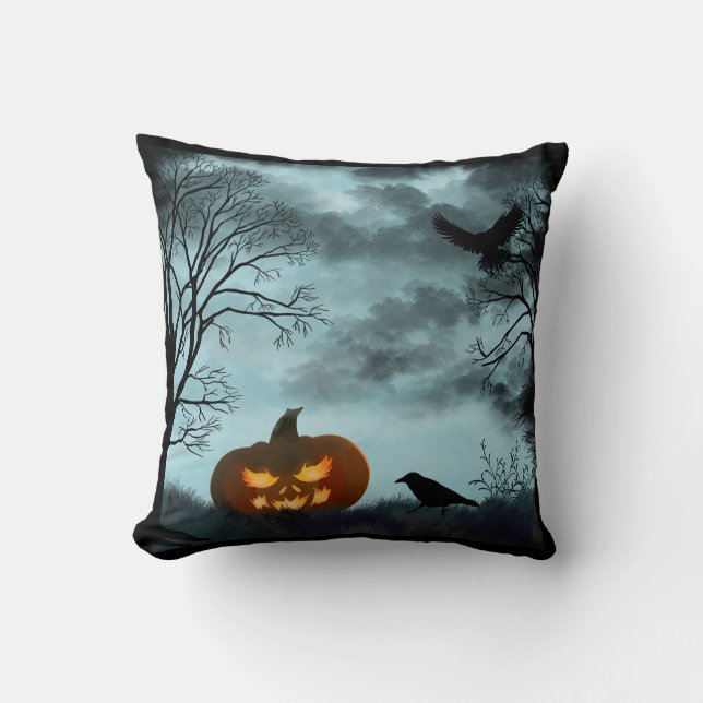 Coussin Citrouille d'Halloween et corbeau (Recto)
