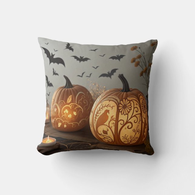 Coussin "Citrouille d'Halloween et Motif de chauve-souris  (Recto)