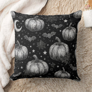 Coussin Citrouille d'Halloween noir et blanc, chauve-souri