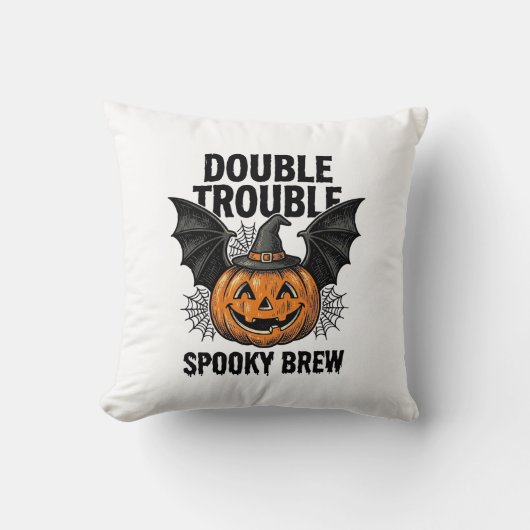 Coussin Citrouille d'Halloween Sorcière Double Trouble Vin (Recto)