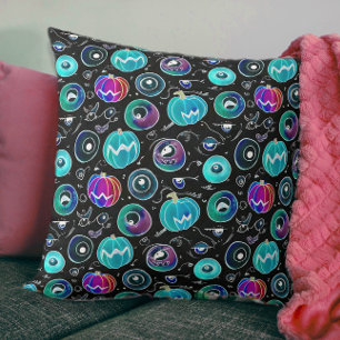 Coussin Citrouille Gribouillis Monstre Yeux Noirs Bleus Ép