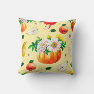 Coussin Citrouille orange, chrysanthème, poires, pommes r