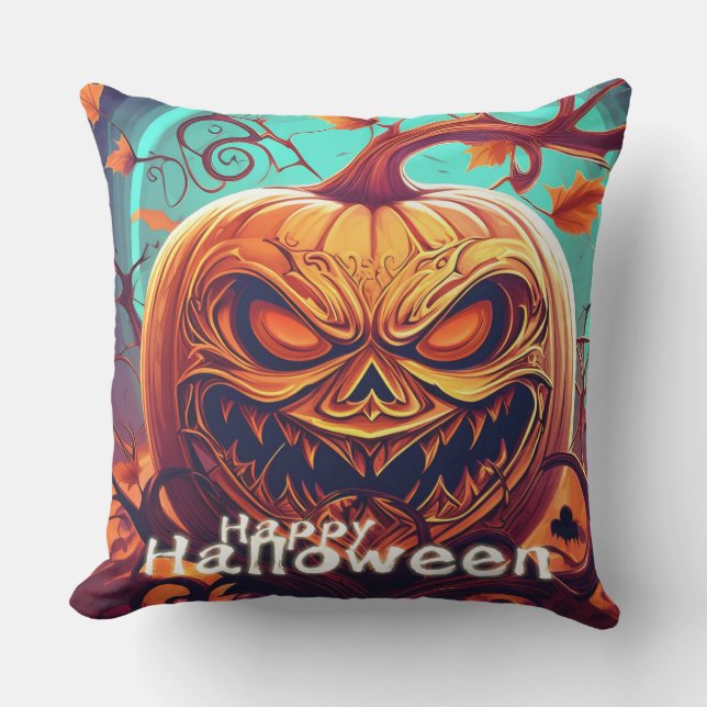 Coussin Citrouille orange effrayant avec visage, Halloween (Recto)