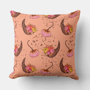 Coussin Citrouille rose avec feuilles et cornes d'automne