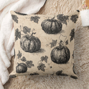 Coussin Citrouille vintage et Motif de gravure de vigne (2