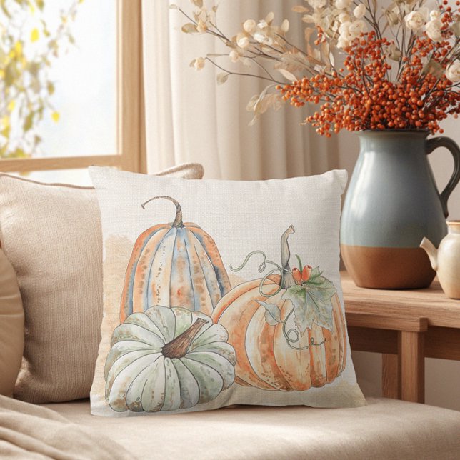 Coussin Citrouilles d'aquarelle automne (Fall Farmhouse Pumpkin Throw Pillow)