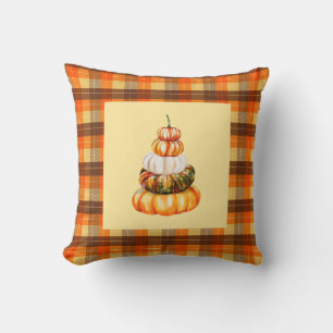 Coussin Citrouilles de la ferme d'automne et Plaid Brown o