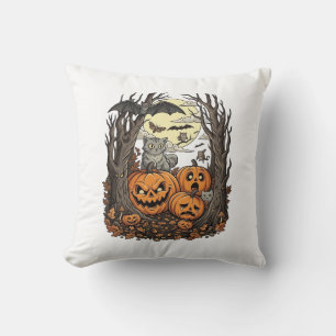 Coussin Citrouilles d'Halloween Chat Gris Chauve-Souris Pl