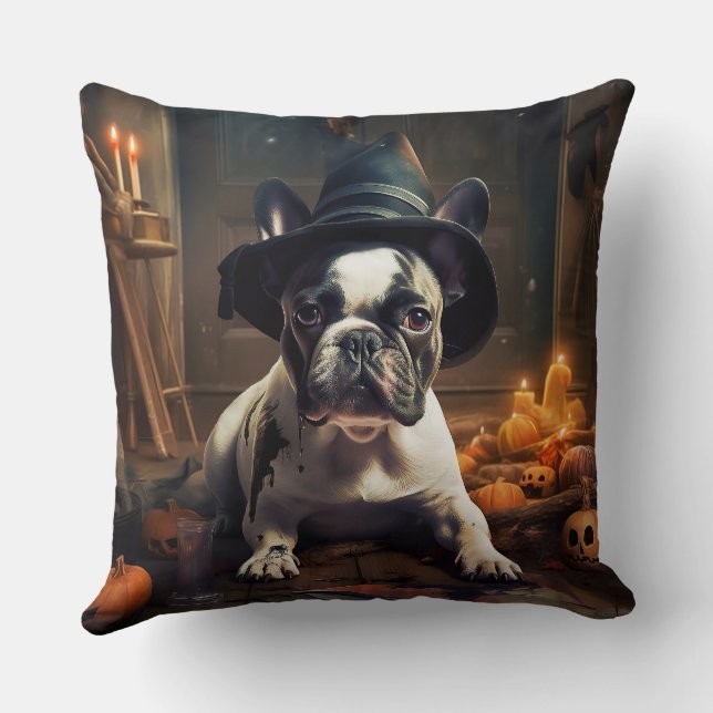 Coussin Citrouilles d'Halloween effrayantes de Bouledogue  (Verso)