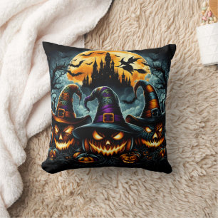 Coussin Citrouilles d'Halloween et sorcières au crépuscule