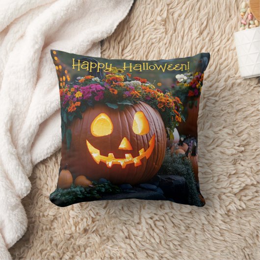 Coussin Citrouilles d'Halloween sculptés décorés de fleurs (Couverture)