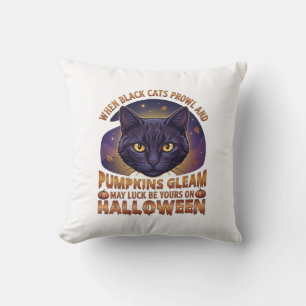 Coussin Citrouilles Éclairent Halloween Chat Noir Feuilles