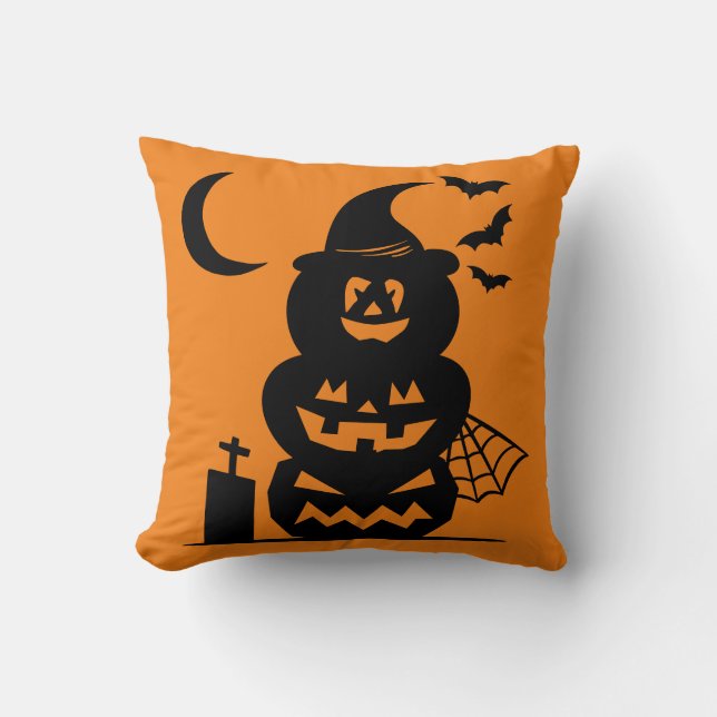 Coussin Citrouilles Empilées Halloween Réversible  (Recto)