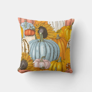 Coussin Citrouilles lumineux, tournesols, motif dessiné à
