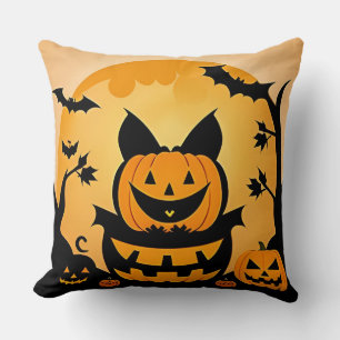 Coussin Citrouilles sculptées et chauves-souris en silhoue