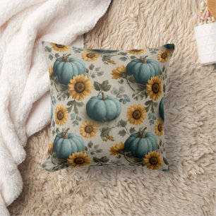 Coussin Citrouilles turquoises et tournesols d'or
