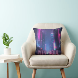 Coussin CITY SOUL - Neon Cyberpunk Skyline Design