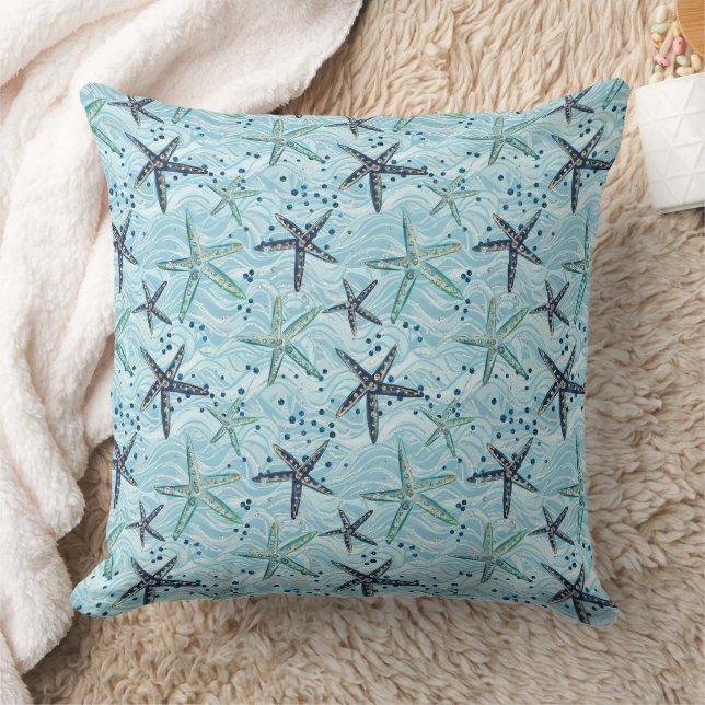 Coussin Clair bleu et or Starfish sur Ocean Wave Motif (Couverture)