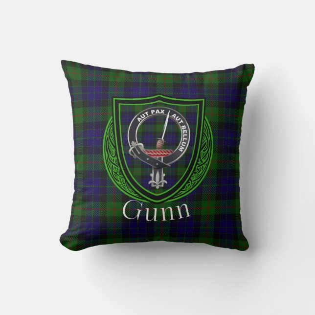 Coussin Clan écossais Gunn Tartan & Crest (Recto)
