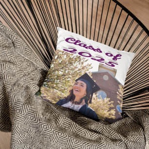 Coussin Classe de 2025 violet script graduation photo