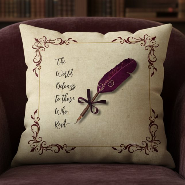 Coussin Classic Literary Burgundy Dark Academia (This Burgundy Quill Pillow is the perfect accent for a traditional Dark Academia)