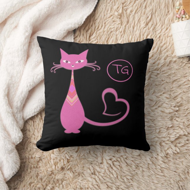 Coussin Classic Retro rose Kitty Chat Coeur Tail Monogramm (Couverture)