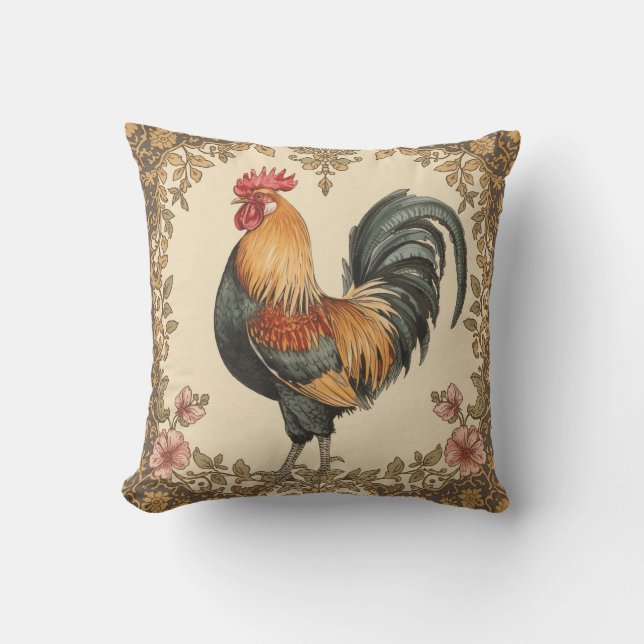 Coussin Classique, Coq , Motif Fleurs, Vintage (Recto)