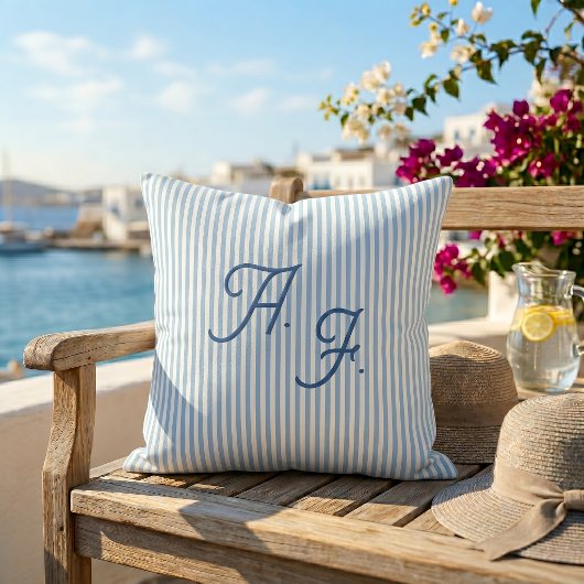 Coussin Classique Jeté de Monogramme Côtier à Rayures Bleu