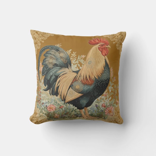 Coussin Classique, motif coq et fleurs, vintage (Recto)
